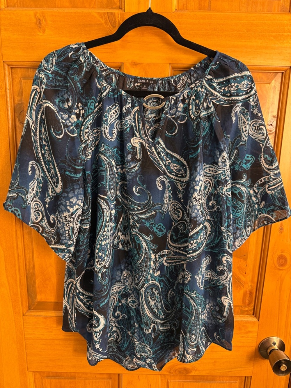 Sami & Jo Navy, Teal, Black & White Paisley Blouse with Center Ring Detail